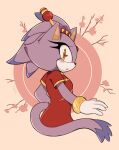  1girl ame_(beeames) animal_ears blaze_the_cat cat_ears cat_girl cat_tail dress eyelashes forehead_jewel from_side furry furry_female gloves hair_ornament highres open_mouth ponytail purple_fur red_dress short_sleeves sonic_(series) sonic_forces:_speed_battle tail white_gloves yellow_eyes 