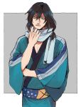  1boy alternate_costume animal_print bags_under_eyes black_hair blue_kimono boku_no_hero_academia border cat_print closed_mouth eraser_head_(boku_no_hero_academia) facial_hair grey_scarf japanese_clothes kimono long_hair looking_to_the_side male_focus messy_hair mustache pectoral_cleavage pectorals rnuyvm scarf solo sparse_stubble white_border wide_sleeves 