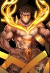  1boy alex_(cerealex) antlers biceps brown_hair character_request english_commentary fire_emblem fire_emblem_heroes highres holding_dumbbell light_particles looking_at_viewer muscular muscular_male pectorals reindeer_antlers upper_body 