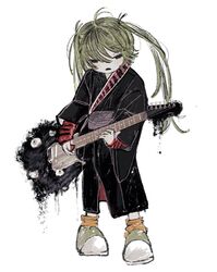  1girl ahoge arm_warmers black_eyes black_kimono eyeball full_body green_footwear green_hair guitar hair_between_eyes highres holding holding_guitar holding_instrument holding_plectrum hougetsu_(moon_neetcat) instrument japanese_clothes kimono long_hair long_sleeves music orange_socks original playing_instrument plectrum shoes simple_background socks solo standing twintails unconventional_guitar white_background 