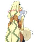  1other belt black_belt blush body_fur brown_gloves chinese_commentary curled_tail digimon digimon_(creature) furry gloves hand_on_own_ear highres pulling_own_ear simple_background solo standing symbareangoramon tied_ears white_background white_fur yellow_fur yellow_tail youzaiyouzai112 