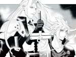  2boys armor black_coat black_gloves cloud_strife coat final_fantasy final_fantasy_vii gloves greyscale hand_up high_collar holding holding_sword holding_weapon jjn_ff7 katana long_hair looking_down looking_to_the_side male_focus monochrome multiple_boys outdoors parted_bangs pauldrons screentones sephiroth serious short_hair shoulder_armor slit_pupils spiky_hair sword upper_body weapon wind 