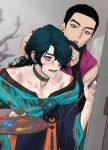  2boys black_hair blush chanoo_artz collarbone earrings english_commentary fingernails green_hair hair_over_one_eye highres holding holding_brush hwei_(league_of_legends) indoors jewelry jhin league_of_legends long_hair male_focus multiple_boys open_mouth painting_(action) ponytail red_eyes short_hair sweatdrop teeth upper_body violet_eyes 