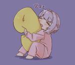  1girl barefoot blush chibi closed_eyes full_body hair_flaps hair_intakes hugging_object idolmaster idolmaster_cinderella_girls koshimizu_sachiko open_mouth pajamas pants pillow pillow_hug pink_pajamas pink_pants pink_shirt purple_background shadow shirt simple_background solo yukie_(kusaka_shi) zzz 