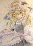  1girl apron black_headwear black_skirt black_vest blonde_hair bow braid broom buttons colored_pencil_(medium) hair_bow hand_on_headwear hat hat_bow holding holding_broom kirisame_marisa orya_422 shirt short_sleeves single_braid skirt solo touhou traditional_media vest waist_apron white_apron white_bow white_shirt witch_hat yellow_eyes 