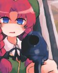  1girl absurdres aiming aiming_at_viewer beret blue_eyes braid collared_shirt commentary green_headwear green_vest gun hand_up hat highres holding holding_gun holding_weapon hong_meiling iesonatana long_hair looking_at_viewer open_mouth pointing_gun redhead shirt solo touhou twin_braids upper_body v-shaped_eyebrows vest weapon white_shirt 