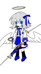 1girl absurdres angel angel_wings asymmetrical_legwear badge black_socks black_thighhighs blue_bow blue_bowtie blue_eyes blue_footwear blue_sky bow bowtie chinese_commentary coat coattails collared_shirt commentary_request cross crying crying_with_eyes_open dual_wielding full_body grey_hair hair_bow halo high_collar highres holding holding_sword holding_weapon kneehighs layered_sleeves long_sleeves medium_hair miniskirt mismatched_legwear no_mouth open_clothes open_coat original pleated_skirt shirt shoes simple_background single_kneehigh single_sock single_thighhigh skirt sky socks solo sword teardrop tears thigh-highs tiankong_yiji weapon white_background white_coat white_shirt white_sleeves white_wings wings yellow_halo 