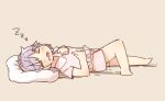  1girl barefoot blush brown_background closed_eyes collared_shirt drooling full_body grey_hair hair_flaps hair_intakes idolmaster idolmaster_cinderella_girls knee_up koshimizu_sachiko lying on_back open_mouth pajamas pillow pink_pajamas pink_shirt pink_shorts shadow shirt short_shorts short_sleeves shorts simple_background sleeping solo yukie_(kusaka_shi) zzz 