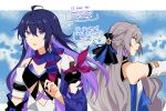  2girls ahoge bronya_rand commentary detached_sleeves earrings english_commentary english_text grey_eyes grey_hair hair_between_eyes highres honkai:_star_rail honkai_(series) jewelry long_hair long_sleeves multiple_girls natsuki_(2917) open_mouth purple_hair scarf seele_(honkai:_star_rail) upper_body violet_eyes 