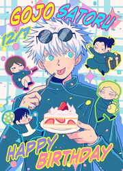  1girl 4boys :p arms_up birthday_cake black_hair black_jacket black_pants blonde_hair blue_eyes box cake cake_slice character_name chibi chung_chie dated eyewear_on_head food fork full_body getou_suguru gift gift_box gojou_satoru haibara_yu hair_bun hands_up happy_birthday highres holding holding_fork holding_gift holding_plate ieiri_shoko jacket jujutsu_kaisen jujutsu_tech_uniform long_sleeves mole mole_under_eye mouth_hold multiple_boys nanami_kento open_mouth pants plate profile round_eyewear school_uniform short_hair smile sunglasses tongue tongue_out upper_body white_background white_hair 