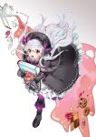  1girl alice_in_wonderland black_capelet black_footwear black_gloves black_headwear capelet chocolateonly cookie cup fate/extra fate_(series) flower food fork gloves gradient_background long_sleeves nursery_rhyme_(fate) pouring rose saucer solo spoon star_(symbol) teacup teapot violet_eyes white_hair 