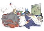  1boy a_nori black_eyes blonde_hair garchomp hisuian_arcanine kotatsu male_focus nintendo_switch no_headwear playing_games pokemon pokemon_(creature) pokemon_legends:_arceus red_eyes roserade short_hair sleeping table togekiss under_kotatsu under_table volo_(pokemon) watching_television 