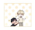  2boys black_hair black_shirt blonde_hair blue_eyes blush border chibi closed_eyes clothes_pull collared_shirt highres korean_commentary lee_seok-joon male_focus multiple_boys o_ssion open_mouth pleading_eyes shirt shirt_pull short_sleeves shrugging star_(symbol) starry_background swim_in_the_scent white_border yea_ji-hoo 