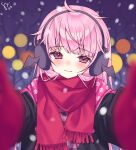 1girl animal_earmuffs black_jacket blunt_bangs blurry depth_of_field earmuffs highres hololive hololive_english jacket long_hair meme messy_hair mori_calliope pink_eyes pink_hair plaid plaid_shirt pov_cheek_warming_(meme) red_scarf scarf shirt skull_print snowing straight-on virtual_youtuber watashishi winter