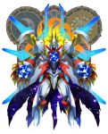  artist_name blonde_hair cape colorized digimon digimon_(creature) energy energy_blade floating floating_object floating_sword floating_weapon fuji_o_(fujio9111) galaxy glowing glowing_eyes gracenovamon green_eyes highres mecha moon multiple_swords no_humans robot sun sword tagme weapon 