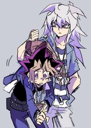  2boys black_hair blonde_hair brown_eyes carrying commentary_request grey_hair jacket long_hair male_focus medium_hair millennium_puzzle millennium_ring multicolored_hair multiple_boys mutou_yuugi open_clothes open_jacket purple_hair shi_(shooo_ttt) shirt sketch spiky_hair striped striped_shirt violet_eyes yami_bakura yu-gi-oh! yu-gi-oh!_duel_monsters 