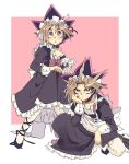  2boys alternate_costume black_hair blonde_hair blush commentary_request crossdressing enmaided hand_on_own_face highres looking_at_viewer maid maid_headdress male_focus medium_hair multicolored_hair multiple_boys purple_hair shi_(shooo_ttt) squatting thigh-highs violet_eyes white_thighhighs yu-gi-oh! yu-gi-oh!_duel_monsters 
