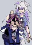  2boys black_hair blonde_hair brown_eyes carrying clenched_teeth grey_hair jacket long_hair male_focus medium_hair millennium_puzzle millennium_ring multicolored_hair multiple_boys open_clothes open_jacket purple_hair shi_(shooo_ttt) shirt simple_background sketch smile striped striped_shirt teeth violet_eyes yami_bakura yami_yuugi yu-gi-oh! yu-gi-oh!_duel_monsters 