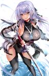  1girl absurdres bikini black_gloves blue_eyes clothing_cutout coat double-parted_bangs eiyuu_densetsu fingerless_gloves gloves hair_between_eyes highres holding holding_sword holding_weapon katana kuro_(tbm9187) kuro_no_kiseki long_hair looking_at_viewer open_clothes open_coat shizuna_rem_misurugi smile solo standing standing_on_liquid swimsuit sword thigh-highs thigh_cutout water weapon white_hair 