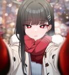  1girl :o alternate_costume black_hair blue_archive blue_sweater blurry blurry_background bokeh breath bright_pupils casual coat depth_of_field duffel_coat foreshortening fur-trimmed_coat fur_trim halo looking_at_viewer mijikayo_(user_eyyx8247) outdoors reaching reaching_towards_viewer red_eyes red_scarf rio_(blue_archive) scarf single_sidelock solo sweater upper_body white_pupils 