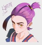  1boy frown highres kieran_(pokemon) male_focus mole mole_on_neck nyantcha off_shoulder pokemon pokemon_sv ponytail purple_hair serious solo thick_eyebrows vest yellow_eyes 