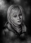  1girl commentary hair_over_one_eye heather_mason highres jacket krystine_art portrait realistic short_hair silent_hill_(series) silent_hill_3 solo turtleneck twitter_username watermark 