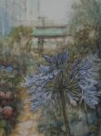  backyard blue_flower blurry blurry_foreground building bush flower grass highres original outdoors painting_(medium) path plant shiki4winter traditional_media tree watercolor_(medium) 