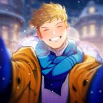  1boy blonde_hair blue_gloves blue_scarf blurry blurry_background closed_eyes fur-trimmed_jacket fur_trim gloves granblue_fantasy jacket male_focus meme night night_sky orange_jacket osu_(osumankokuou) outdoors pov_cheek_warming_(meme) reaching reaching_towards_viewer scarf short_hair sky smile snowing solo teeth vane_(granblue_fantasy) winter_clothes 