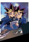  2boys ? black_hair blonde_hair book card commentary desk english_text holding holding_book jacket male_focus medium_hair multicolored_hair multiple_boys open_clothes open_jacket purple_hair shi_(shooo_ttt) space symbol-only_commentary violet_eyes yu-gi-oh! yu-gi-oh!_duel_monsters 