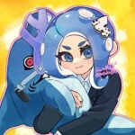  1girl artist_name blue_eyes blue_hair commentary_request eyelashes inflatable_toy looking_at_viewer medium_hair motuko1037 octoling octoling_girl red_eyes reefslider_(splatoon) shark solo splatoon_(series) splatoon_3 tentacle_hair twitter_username upper_body yellow_background 