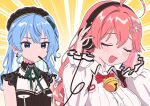  2girls ahoge bell beret black_headwear blue_eyes blue_hair bow bow_earrings closed_eyes collared_shirt earrings emphasis_lines frilled_sleeves frills green_ribbon hair_ornament hairclip hat headphones highres hololive hoshimachi_suisei hoshimachi_suisei_(3rd_costume) jewelry jingle_bell lace-trimmed_sleeves lace_trim long_hair long_sleeves mouth_hold multiple_girls neck_bell neck_ribbon redhead ribbon sakura_miko sakura_miko_(3rd_costume) shirt short_sleeves soh_himitsuki upper_body virtual_youtuber white_shirt 