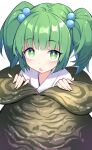  1girl blush e.o. fingernails fushigi_no_gensokyo green_eyes green_hair hair_bobbles hair_ornament highres japanese_clothes kimono kisume looking_at_viewer open_mouth short_hair simple_background solo touhou two_side_up white_background white_kimono 