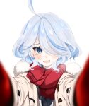  1girl ahoge blue_eyes blue_hair blush coat fur-trimmed_coat fur_trim furina_(genshin_impact) furrowed_brow genshin_impact gloves hair_over_one_eye highres light_blue_hair looking_at_viewer m_m_hitugi meme multicolored_hair open_mouth pov_cheek_warming_(meme) red_gloves red_scarf scarf simple_background solo streaked_hair sweatdrop teeth two-tone_hair upper_body upper_teeth_only white_background 