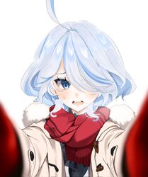  1girl ahoge blue_eyes blue_hair blush coat fur-trimmed_coat fur_trim furina_(genshin_impact) furrowed_brow genshin_impact gloves hair_over_one_eye highres light_blue_hair looking_at_viewer m_m_hitugi meme multicolored_hair open_mouth pov_cheek_warming_(meme) red_gloves red_scarf scarf simple_background solo streaked_hair sweatdrop teeth two-tone_hair upper_body upper_teeth_only white_background 