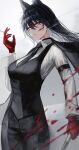  1girl absurdres akqne alternate_costume animal_ear_fluff animal_ear_piercing animal_ears arknights arm_strap backlighting between_fingers black_choker black_hair black_jacket black_necktie black_pants black_straps black_vest blood blood_on_arm blood_on_cheek blood_on_clothes blood_on_face blood_splatter blood_stain blowing_smoke breasts choker cigarette collared_shirt colored_inner_hair commentary_request cowboy_shot double-parted_bangs dress_pants dress_shirt expressionless eyelashes floating_hair formal from_side gloves gradient_background grey_background grey_hair grey_tail hair_between_eyes hand_up highres holding holding_cigarette holding_sword holding_weapon hoop_piercing jacket lapels large_breasts long_hair long_sleeves looking_at_viewer looking_to_the_side messy_hair motion_blur multicolored_hair necktie notched_lapels off_shoulder open_clothes open_hand open_jacket pants parted_lips piercing red_gloves serious shade shadow shirt sleeve_cuffs smoke smoke_trail smoking solo standing straight_hair strap suit suit_jacket sword tail texas_(arknights) two-tone_hair vest weapon white_shirt wing_collar wolf_ears wolf_girl wolf_tail yellow_eyes 