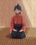  1girl black_hair black_hakama closed_eyes commentary_request facing_viewer hair_ribbon hakama hakama_skirt hands_on_lap highres houshou_(kancolle) japanese_clothes kantai_collection kimono long_hair megakura_kinshi pink_kimono ribbon seiza sitting skirt solo tatami 