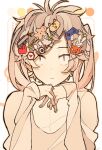  1girl :&lt; alternate_hair_color ama_(i-ekk) animal_hair_ornament arrow_through_heart border brown_eyes brown_sweater character_name circle closed_mouth enomoto_takane fingernails food-themed_hair_ornament frown gingerbread_man_hair_ornament gradient_hair hair_ornament hairclip heart heart_hair_ornament hexagon hexagon_hair_ornament inset_border kagerou_project lightning_bolt_hair_ornament lightning_bolt_symbol long_hair long_sleeves looking_at_viewer multicolored_hair orange_border orange_outline outside_border own_hands_together rounded_corners solo star_(symbol) star_hair_ornament straight-on sweater text_hair_ornament too_many too_many_hair_ornaments too_many_hairclips twintails upper_body white_background 