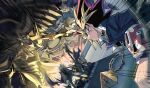  4boys black_hair blonde_hair clenched_hand dark-skinned_male dark_skin duel_disk duel_monster highres jacket male_focus marik_ishtar millennium_puzzle multicolored_hair multiple_boys mutou_yuugi open_clothes open_jacket purple_hair red_eyes sharp_teeth shi_(shooo_ttt) spiky_hair teeth the_winged_dragon_of_ra violet_eyes yami_marik yami_yuugi yu-gi-oh! yu-gi-oh!_duel_monsters 