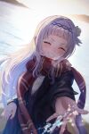  1girl absurdres arched_bangs black_coat blush closed_eyes closed_mouth coat hair_bun head_chain highres hololive ky00 long_hair murasaki_shion outstretched_hand red_scarf scarf shirt short_eyebrows sidelocks single_hair_bun smile solo virtual_youtuber water white_shirt 