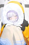  1girl blue_archive blush closed_mouth fur-trimmed_jacket fur_trim gloves halo highres himari_(blue_archive) hood hood_up jacket long_hair long_sleeves looking_at_viewer official_alternate_costume purple_halo solo violet_eyes white_gloves white_hair yellow_jacket zanya_000 