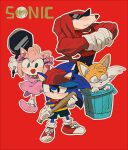  1girl 3boys alternate_costume amy_rose ana_(mother) ana_(mother)_(cosplay) animal_ears animal_nose aoki_(fumomo) arm_up arms_up baseball_bat baseball_cap biceps black_eyes black_pants blue_fur blue_hair blue_shorts blush bobby_socks body_fur bow closed_mouth collared_dress commentary_request copyright_name cosplay dress ears_through_headwear english_text flat_chest flexing fox_boy fox_ears fox_tail frying_pan full_body furry furry_female furry_male glasses gloves hair_bow happy hat holding holding_baseball_bat holding_frying_pan in_container knuckles_the_echidna lloyd_(mother) lloyd_(mother)_(cosplay) logo_parody long_hair mother_(game) mother_1 multiple_boys neckerchief ninten ninten_(cosplay) opaque_glasses open_mouth outline pants partial_commentary pince-nez pink_bow pink_dress pink_footwear pink_fur pink_hair red_background red_footwear red_fur red_headwear red_neckerchief red_shirt redhead round_eyewear shirt shoes short_dress short_hair short_sleeves shorts sidelocks simple_background sleeveless sleeveless_shirt smile snout socks sonic_(series) sonic_the_hedgehog spiky_hair standing striped striped_shirt sunglasses tail tails_(sonic) teddy_(mother) teddy_(mother)_(cosplay) trash_can triangular_eyewear two-tone_fur two-tone_shirt white_fur white_gloves white_outline white_socks yellow_fur 