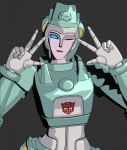  1girl 3d andypurro autobot blender_(medium) blue_eyes helmet humanoid_robot looking_at_viewer moonracer one_eye_closed robot robot_girl solo transformers transformers:_generation_1 v 
