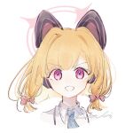 1girl animal_ear_headphones animal_ears blonde_hair blue_archive blue_necktie cat_ear_headphones ea08zheci fake_animal_ears halo headphones highres medium_hair momoi_(blue_archive) necktie pink_eyes shirt simple_background solo white_background white_shirt