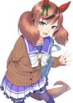  1girl :d animal_ears bag black_pantyhose bow brown_cardigan brown_eyes brown_hair cardigan commentary_request ear_bow frilled_skirt frills green_bow hand_up horse_ears horse_girl horse_tail long_hair long_sleeves looking_at_viewer miri_(ago550421) multicolored_hair nice_nature_(umamusume) pantyhose pleated_skirt purple_skirt school_bag school_uniform simple_background skirt sleeves_past_wrists smile solo streaked_hair tail tracen_school_uniform twintails umamusume white_background 