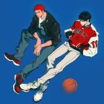  2boys ball basketball_(object) black_footwear black_hair black_jacket blue_background blue_pants chicago_bulls chimmyming earphones earphones hands_in_pockets highres jacket leather leather_jacket male_focus multiple_boys pants parted_lips redhead rukawa_kaede sakuragi_hanamichi shirt simple_background slam_dunk_(series) white_footwear white_pants white_shirt 