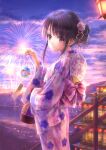  1girl aerial_fireworks ahoge architecture back_bow black_hair blush bow cherry_blossom_print commentary_request dusk east_asian_architecture eyelashes fireworks fish floral_print flower goldfish goto_p hair_bun hair_flower hair_ornament hand_up highres japanese_clothes kanzashi kimono lantern long_hair long_sleeves looking_at_viewer original outdoors parted_lips pink_bow purple_kimono sidelocks single_hair_bun sky solo stairs standing striped striped_kimono summer_festival violet_eyes wide_sleeves yukata 