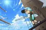  1girl baseball_cap bird black_footwear blue_hair blue_headwear blue_sky braid classic_squiffer_(splatoon) clouds commentary_request full_body green_shirt gun hat holding holding_gun holding_weapon ink_tank_(splatoon) inkling inkling_girl long_hair looking_at_viewer open_mouth seagull shirt shoes sky solo splatoon_(series) splatoon_3 sun sunlight teeth tentacle_hair tkhrskrrmy translation_request weapon yellow_eyes 