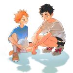  2boys aged_down bandaid bandaid_on_knee bandaid_on_leg black_shorts black_socks blue_shirt blush brown_eyes chimmyming collarbone grin haikyuu!! hand_on_own_wrist hinata_shouyou kageyama_tobio male_focus multiple_boys orange_footwear orange_hair shirt shoes short_hair shorts simple_background sitting smile sneakers socks squatting t-shirt teeth volleyball white_background white_shirt white_socks 