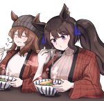  2girls :3 animal_ears beanie blowing chopsticks closed_mouth commentary_request ear_ornament ears_through_headwear food grey_headwear hat highres holding holding_chopsticks horse_ears horse_girl jacket long_hair miya_nns35 multiple_girls nakayama_festa_(umamusume) noodles open_clothes open_jacket parted_lips ramen red_jacket ribbed_sweater shrimp shrimp_tempura simple_background sweater tempura tosen_jordan_(umamusume) twintails umamusume violet_eyes white_background white_sweater 
