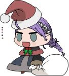  1girl ahoge blue_eyes braid christmas fire_emblem fire_emblem_fates gift_bag hairband hat highres low_twin_braids meme mistletoe nina_(fire_emblem) open_mouth padoru_(meme) parted_bangs purple_hair santa_hat thavast twin_braids 